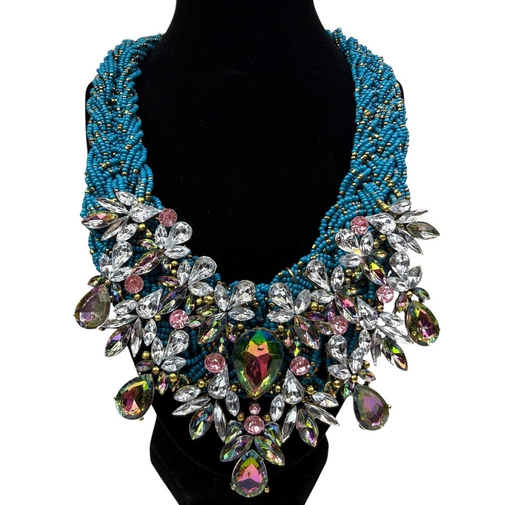 Beaded Multi-Strand Clear Pink Iridescent Acrylic Crystal Statement Bib Necklace
